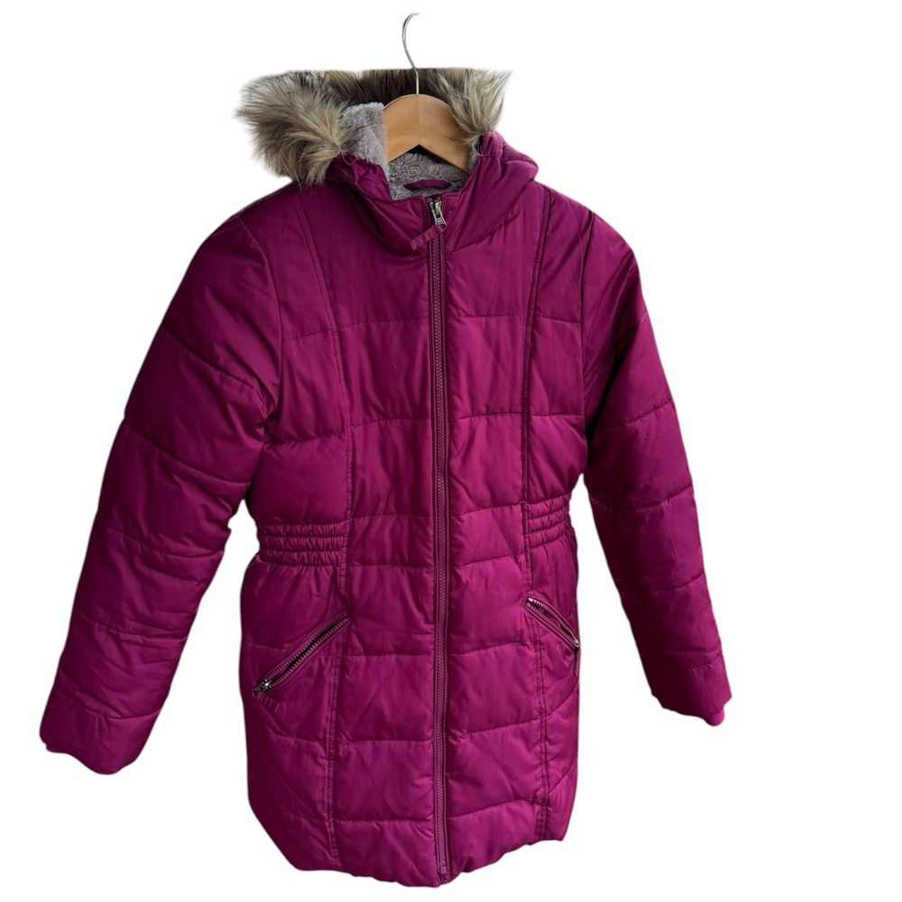 Lands' End Girls' Magenta Puffer Coat with Faux Fur Hood